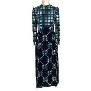 Vintage 60s Multicolor Long Sleeve Full Length Plaid Floral Velvet Dress Large